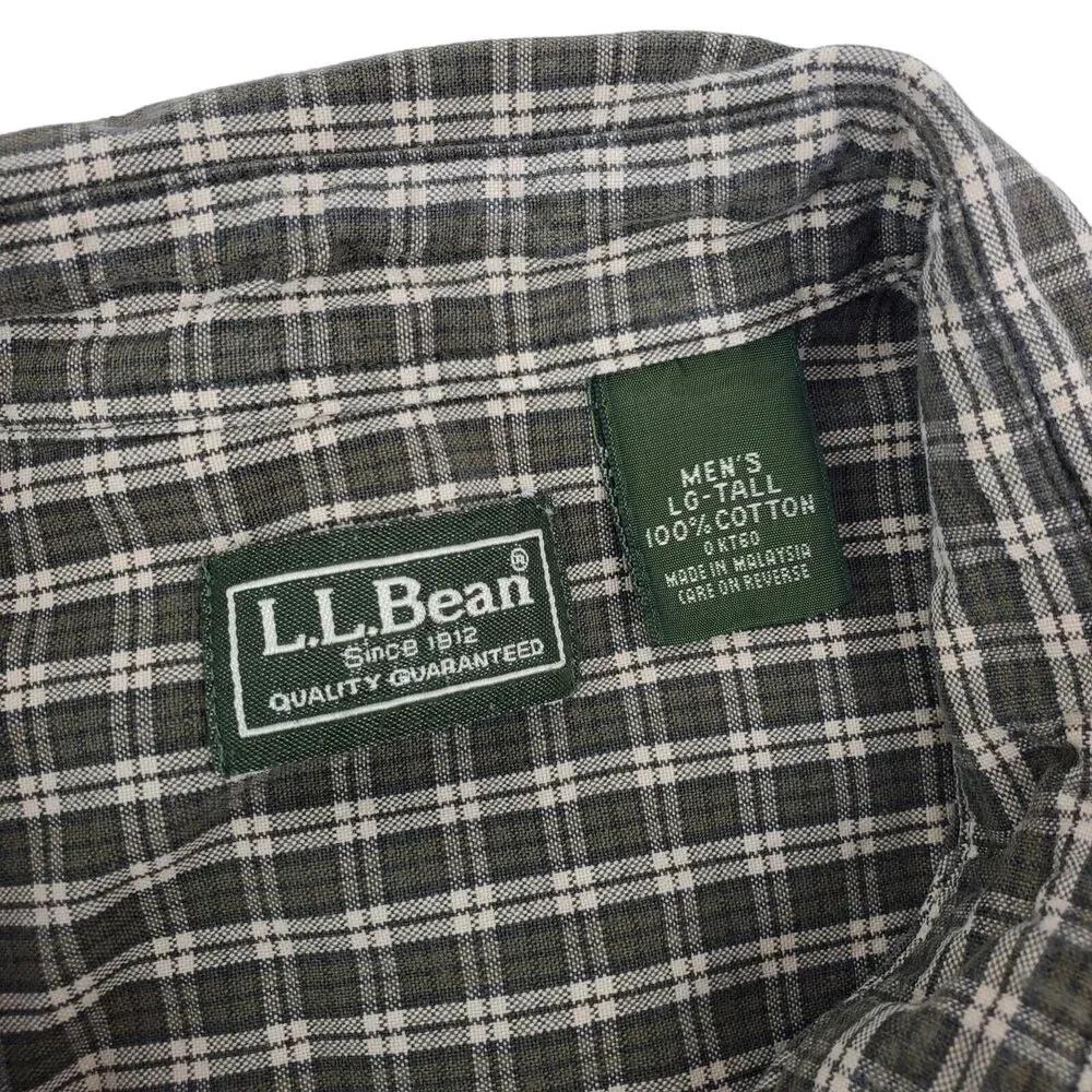 LL BEAN Shirt Mens LT TALL Brown Tartan Plaid Short Sleeve Outdoor Button Up